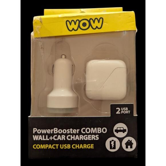 WOW PowerBooster Combo Wall + Car Chargers Compact USB Charge 2 USB Port Cbn Shp - Picture 1 of 3